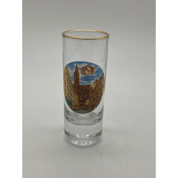 Strasbourg Cathedrale France Souvenir Shot Glass Gold Rim Tall Shooter Clear
